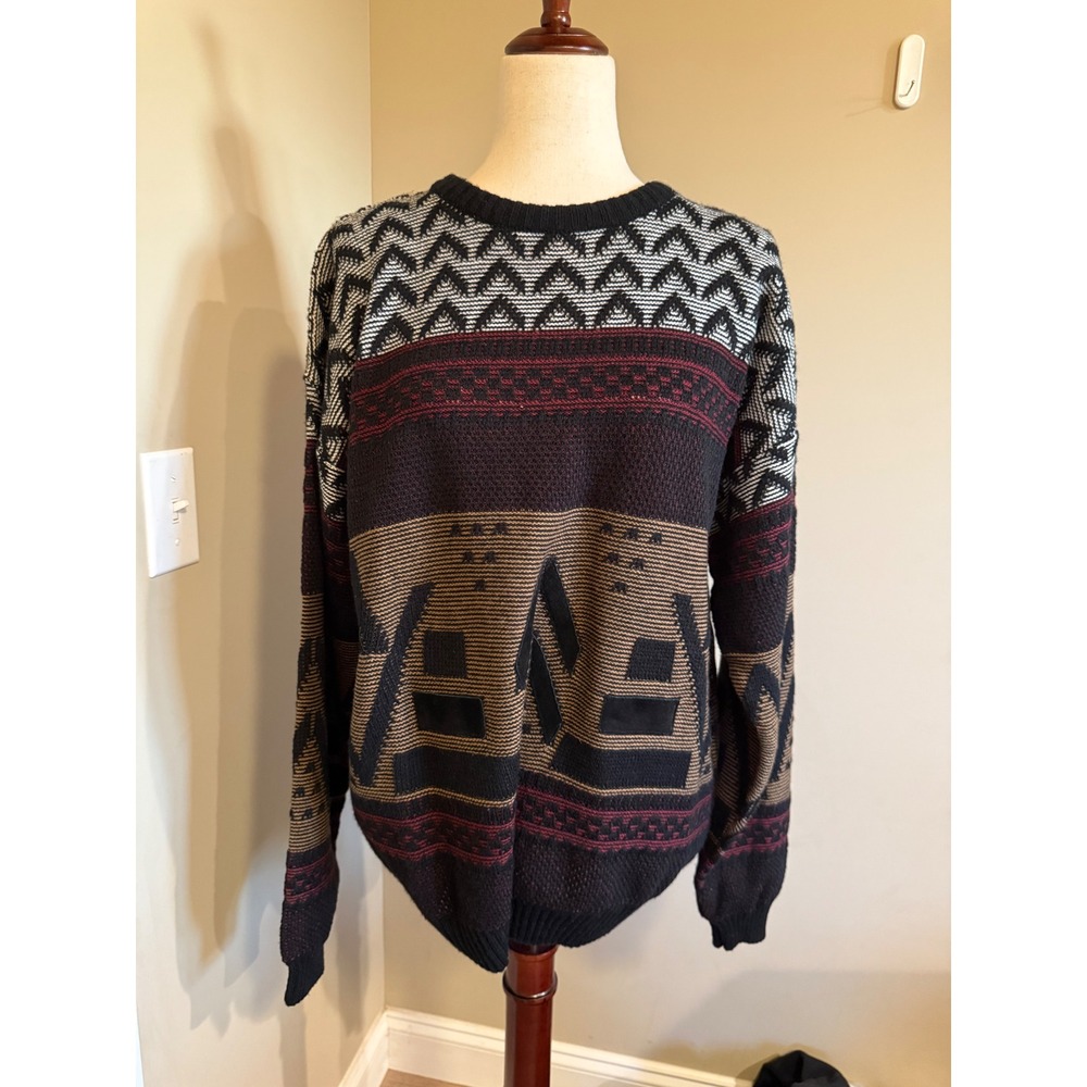 Vtg‎ II SPORT Mens Sweater L Geometric Pattern Black Brown Beige Long Sleeve